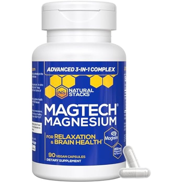 Natural Stacks MagTech Magnesium Complex for Women & Men - 3 Forms of Magnesium: Glycinate, Magtein L-Threonate & Taurate - 200mg Chelated Complex - Support for Relaxation & Brain Health - 90 Glycinate Capsules - Image 1