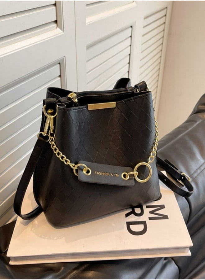 WAOKN - Women's New Simple and fashionable Large-capacity Shoulder Bag, Girls' Diamond Plaid Crossbody Bag Handbag, PU Leather Bucket Bag Tote Bag for Ladies(Black) - Image 1