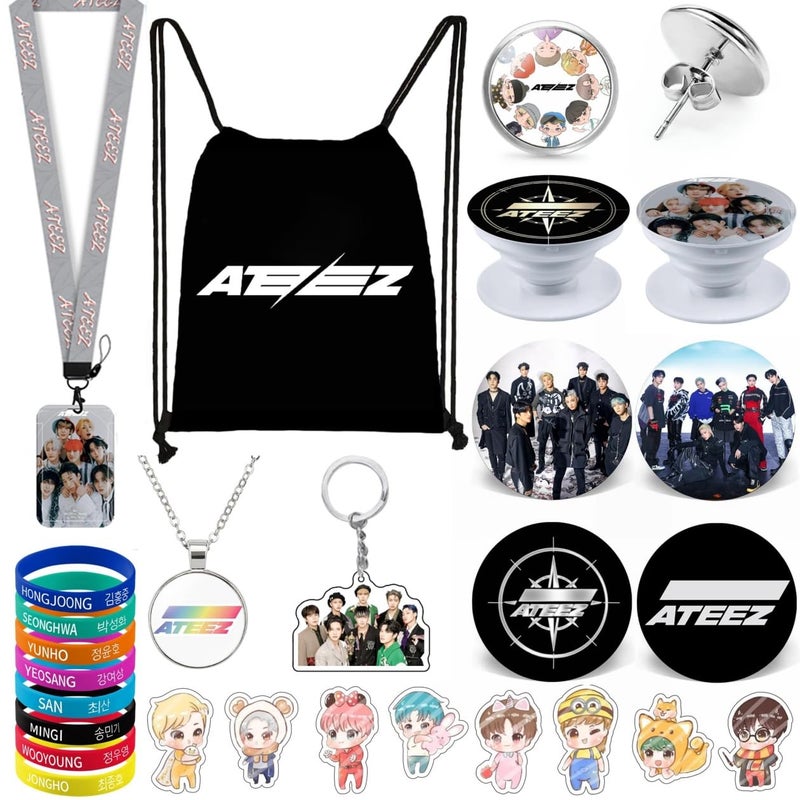 YXST YX&ST Kpop Gifts Set for Ateez, Including Drawstring Bag Backpack, Necklace, Earrings, Bracelets, Button Pins, Lanyard ID Holder, Cartoon Badge, Phone Ring Holder - Image 1