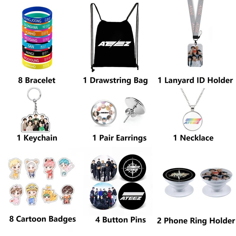 YXST YX&ST Kpop Gifts Set for Ateez, Including Drawstring Bag Backpack, Necklace, Earrings, Bracelets, Button Pins, Lanyard ID Holder, Cartoon Badge, Phone Ring Holder - Image 2