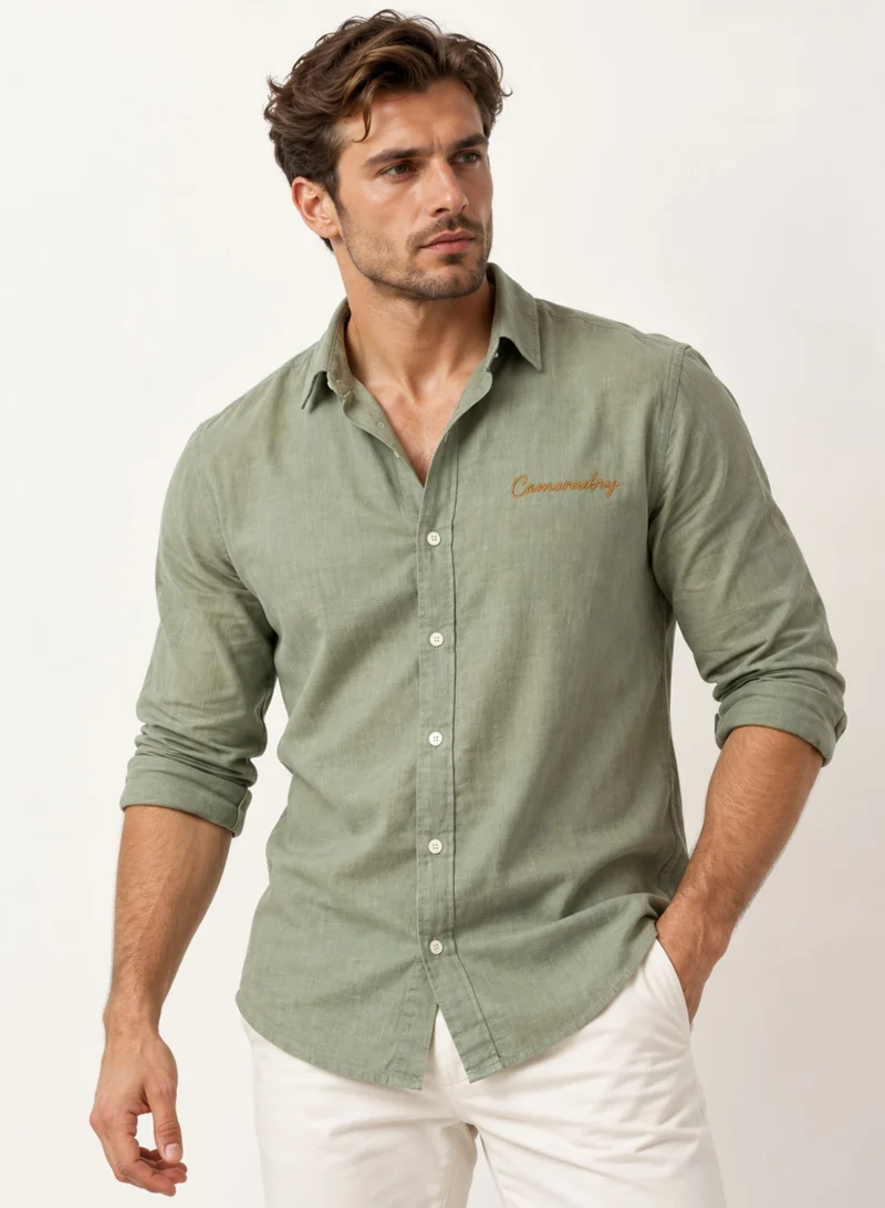 Thugfit Men's Green 100% Linen Relaxed Fit Button-Down Shirt