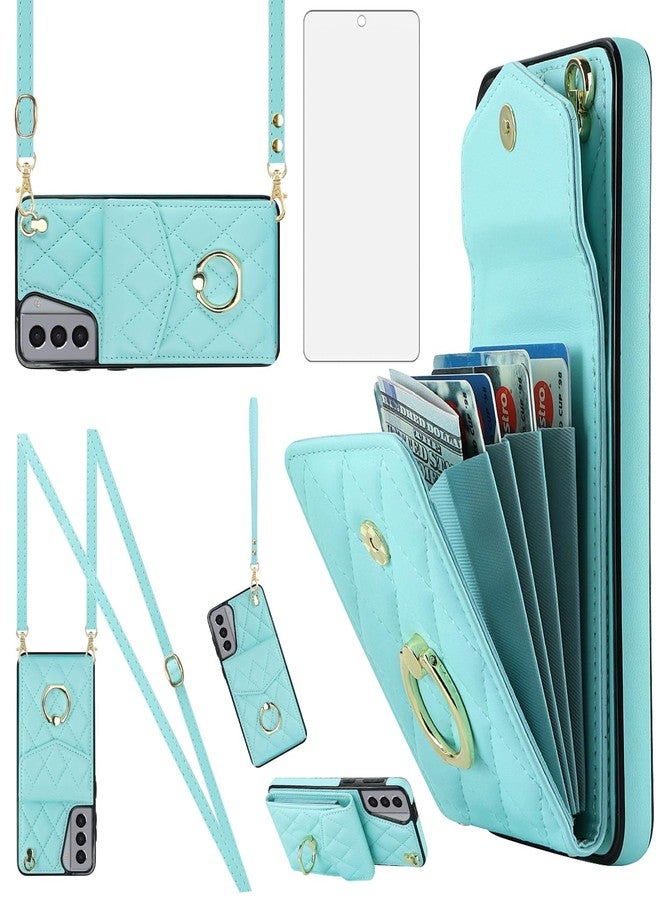 أسو ويش جراب هاتف Asuwish لهاتف سامسونج جالاكسي S21 5G بشاشة 6.2 بوصة، غطاء محفظة مع واقي شاشة من الزجاج المقوى وحزام معصم قابل للارتداء وحامل حلقي وحامل بطاقات بتقنية حجب RFID، لون أزرق مخضر للنساء والفتيات - Image 1