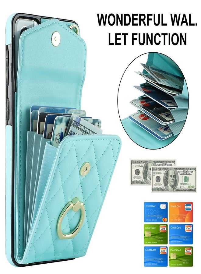 أسو ويش جراب هاتف Asuwish لهاتف سامسونج جالاكسي S21 5G بشاشة 6.2 بوصة، غطاء محفظة مع واقي شاشة من الزجاج المقوى وحزام معصم قابل للارتداء وحامل حلقي وحامل بطاقات بتقنية حجب RFID، لون أزرق مخضر للنساء والفتيات - Image 3