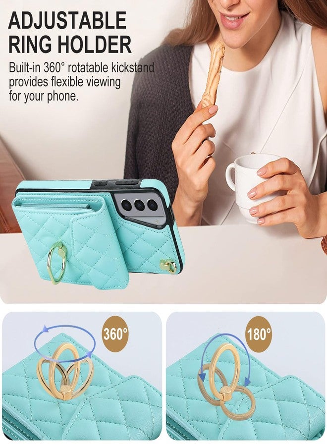 أسو ويش جراب هاتف Asuwish لهاتف سامسونج جالاكسي S21 5G بشاشة 6.2 بوصة، غطاء محفظة مع واقي شاشة من الزجاج المقوى وحزام معصم قابل للارتداء وحامل حلقي وحامل بطاقات بتقنية حجب RFID، لون أزرق مخضر للنساء والفتيات - Image 5