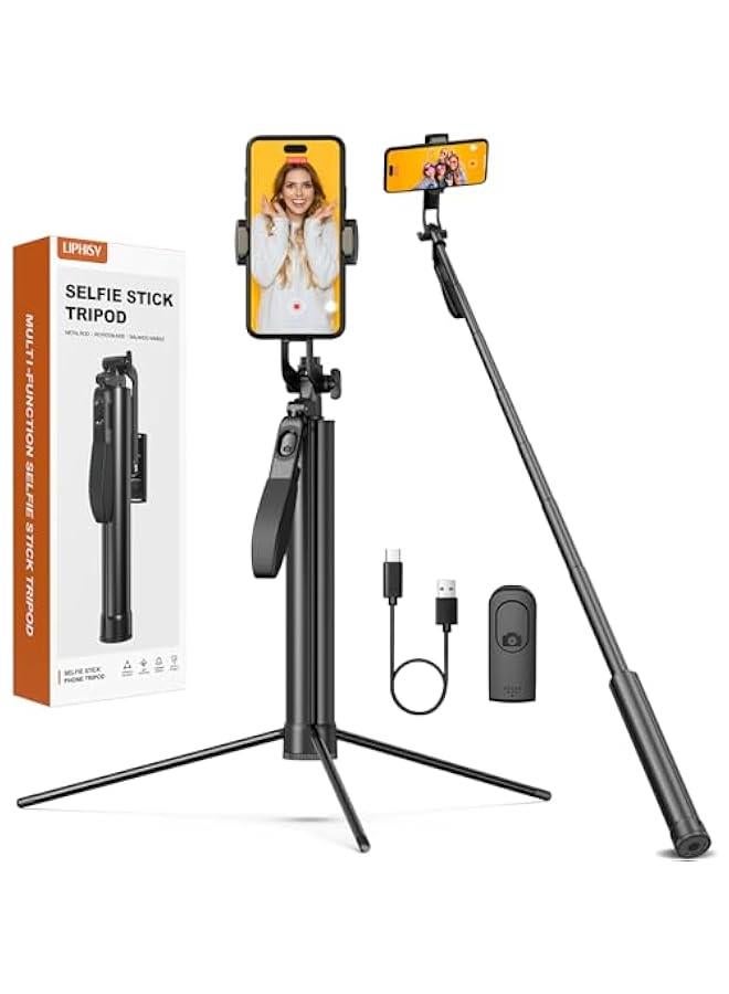 Arabest Black 72-inch Metal Tripod with Selfie Stick, Portable Travel Stand, Rechargeable Remote, 360° Rotation - Compatible with iPhone, Android, Camera  - Image 1