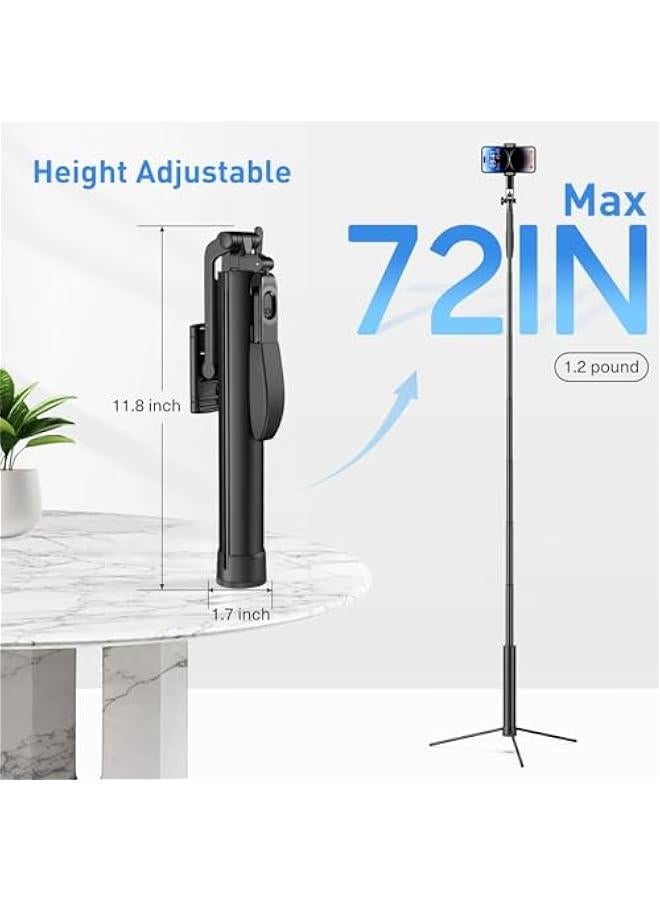 Arabest Black 72-inch Metal Tripod with Selfie Stick, Portable Travel Stand, Rechargeable Remote, 360° Rotation - Compatible with iPhone, Android, Camera  - Image 2