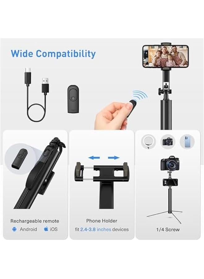 Arabest Black 72-inch Metal Tripod with Selfie Stick, Portable Travel Stand, Rechargeable Remote, 360° Rotation - Compatible with iPhone, Android, Camera  - Image 5
