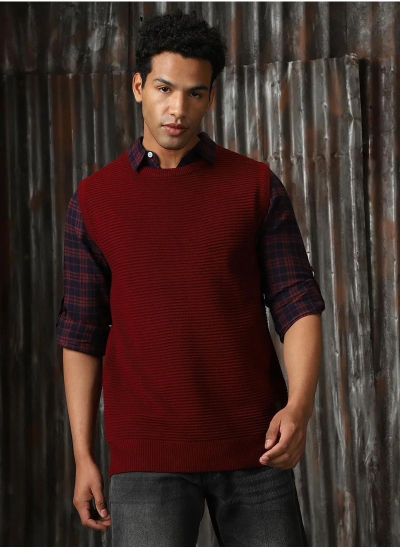 HIGH STAR Men's Maroon 100% Acrylic Solid Relaxed Fit Sweater