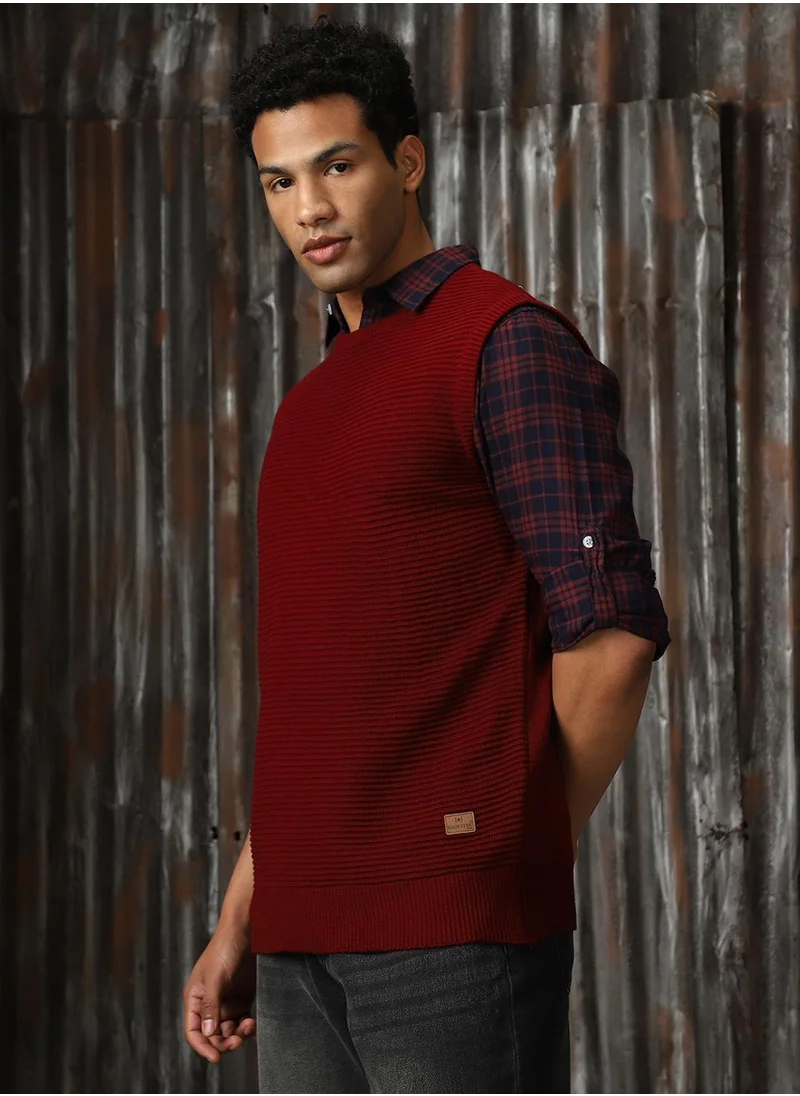 HIGH STAR Men's Maroon 100% Acrylic Solid Relaxed Fit Sweater