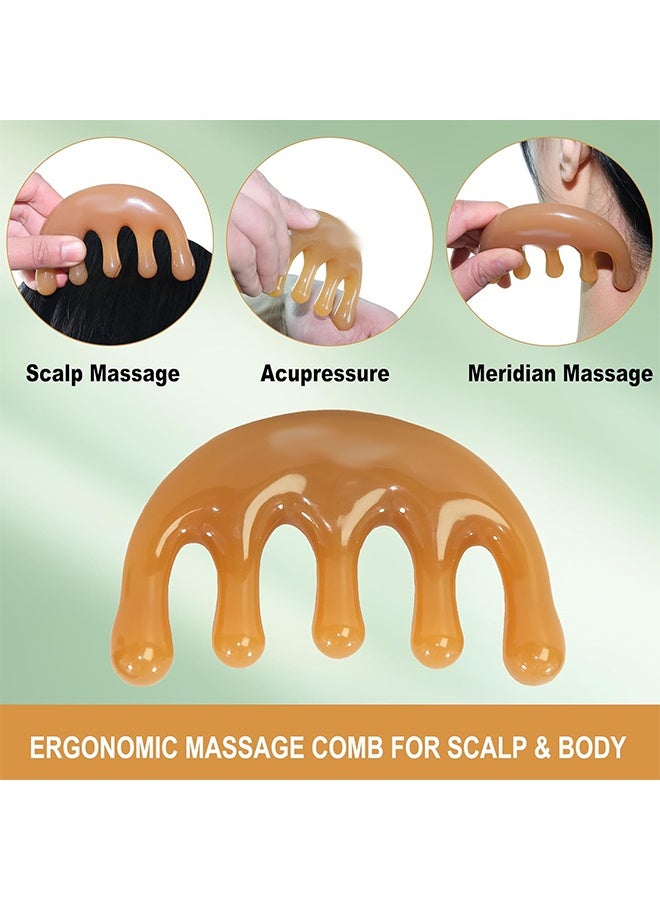 أداة تدليك فروة الرأس وأداة تدليك الرأس. مشط تدليك من الراتنج وأداة جوا شا لللفافة، تُستخدم للعناية بفروة الرأس، تعزيز نمو الشعر، تخفيف التوتر، الصداع، علاج نقاط الشريان بتقنية الوخز بالإبر، وعلاج نقاط الزناد. يأتي مع صندوق هدية وحقيبة تخزين على الطراز التقليدي (اللون الكهرماني). - Image 3