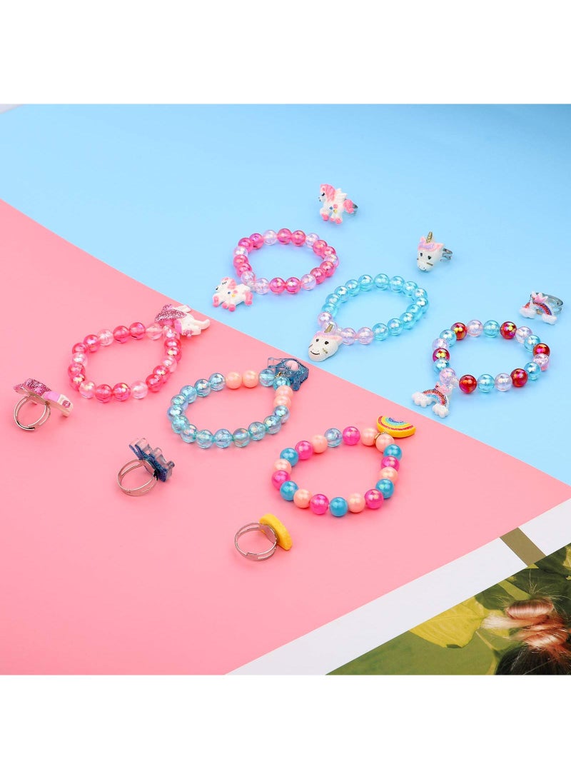 Sweet seven Colorful Unicorn Bracelet & Ring Set for Little Girls - Shiny Rainbow Crown Beaded Bracelet with Adjustable Rings. Play & Party Favors! - Image 4
