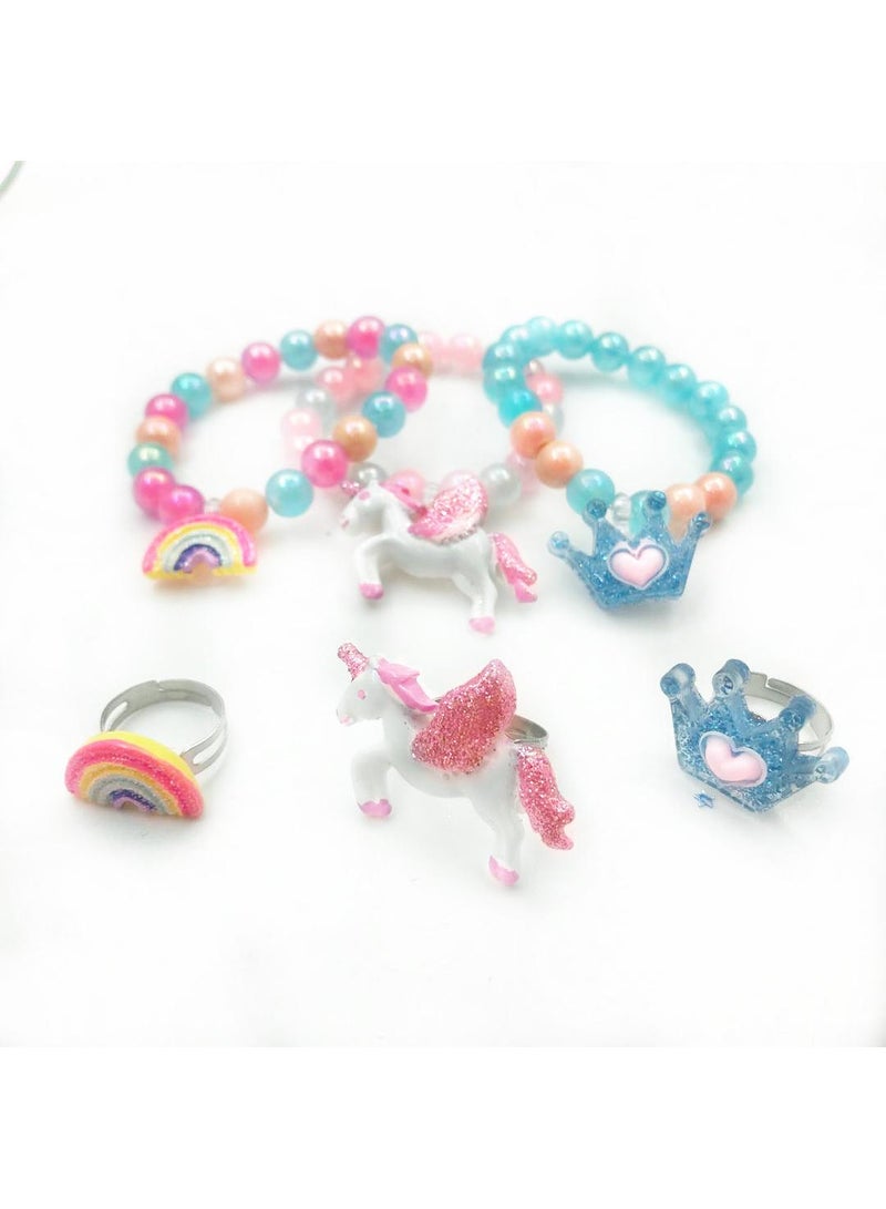 Sweet seven Colorful Unicorn Bracelet & Ring Set for Little Girls - Shiny Rainbow Crown Beaded Bracelet with Adjustable Rings. Play & Party Favors! - Image 1