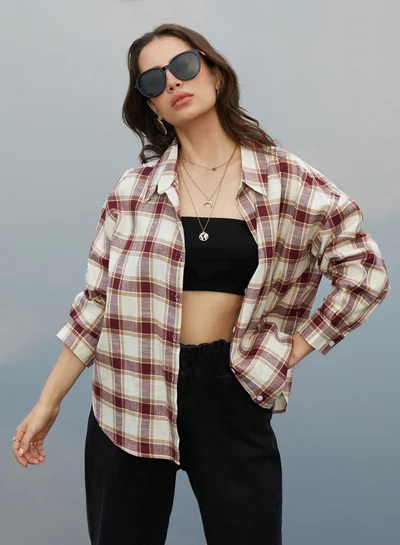 Campus Sutra Women's Mocha Brown & Pale Yellow Tartan Plaid Oversized Shirt