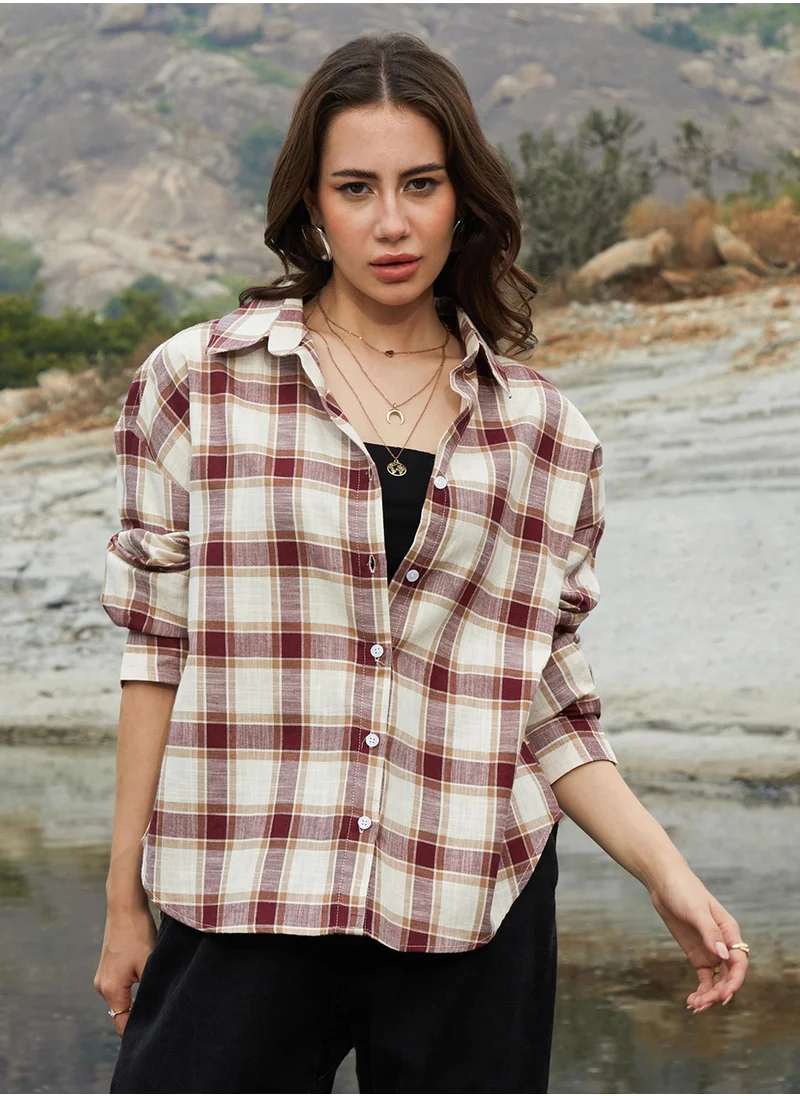 Campus Sutra Women's Mocha Brown & Pale Yellow Tartan Plaid Oversized Shirt
