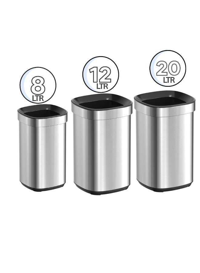 AKC Stainless Steel Trash Can with Open Top Lid & Inner Bucket - Anti-Fingerprint, 8L / 12L / 20L - Modern Waste Bin for Kitchen & Bathroom (12 Liter) - Image 4