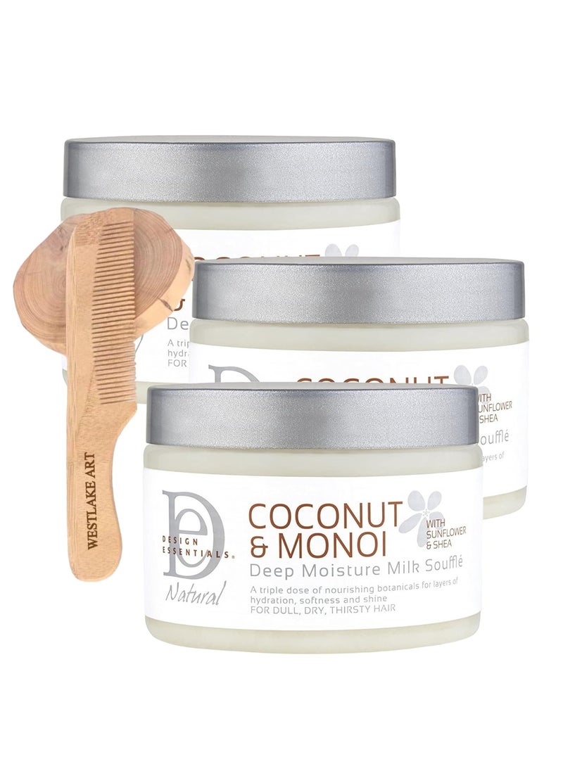 Design Essentials Design Essentials Coconut & Monoi Deep Moisture Milk Curl Defining Souffle, 12 Oz, Bundled With Wooden Comb - Hair Cream For Frizzy Hair, Hydration Coconut Hair Cream [Pack Of 3]  - Image 1
