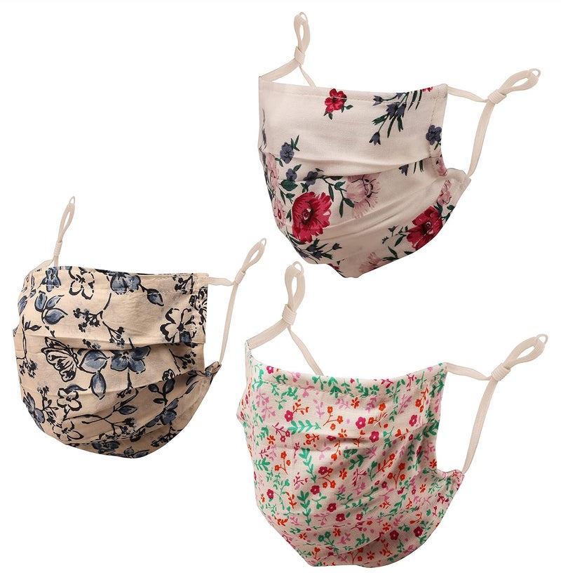 Touchstone anti pollution smog smoke cold cough protective cotton face mask Floral Fabric Adjustable filter pocket nose bridge 2 layer reusable washable men women (Pack of 3). Blue Pink Multicolor - Image 1