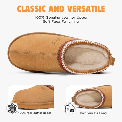 FITORY Women's Suede Slipper, Flat Slip On House Shoes with Faux Fur Lining Indoor Outdoor Short Mini Boots Khaki Size 8 - Image 2