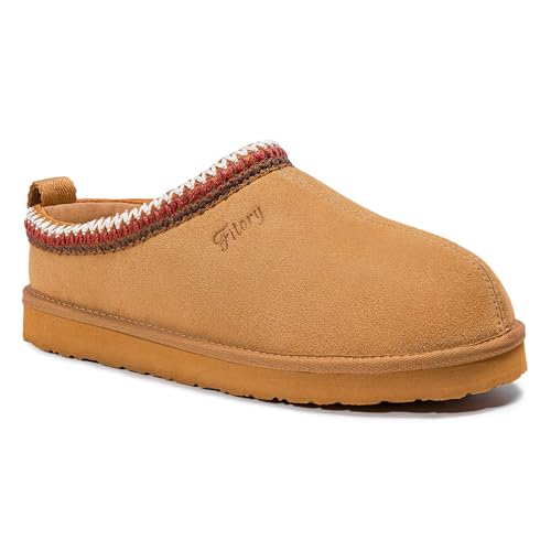 FITORY Women's Suede Slipper, Flat Slip On House Shoes with Faux Fur Lining Indoor Outdoor Short Mini Boots Khaki Size 8 - Image 1