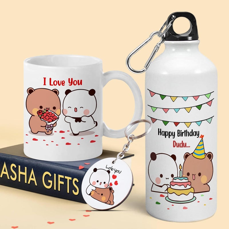Bubu Dudu Love Gift for Birthday/Anniversary Sipper Water Bottle Aluminium with Coffee Mug, Wooden Keychain Combo Pack MSK-8  - Image 2