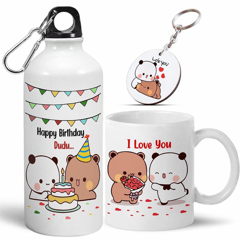Bubu Dudu Love Gift for Birthday/Anniversary Sipper Water Bottle Aluminium with Coffee Mug, Wooden Keychain Combo Pack MSK-8  - Image 1