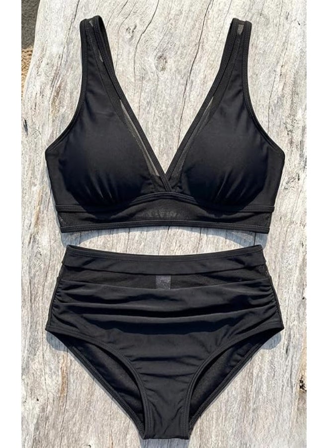 Hanady Women Two Piece Swimsuit High Waisted Mesh Details Modern Collar Swimwear (7155)XXL - Image 2