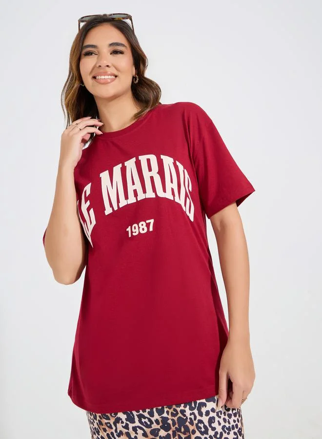 Styli Oversized Le Marias Slogan Print Round Neck T-Shirt