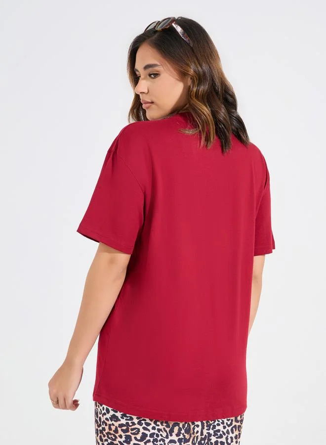 Styli Oversized Le Marias Slogan Print Round Neck T-Shirt