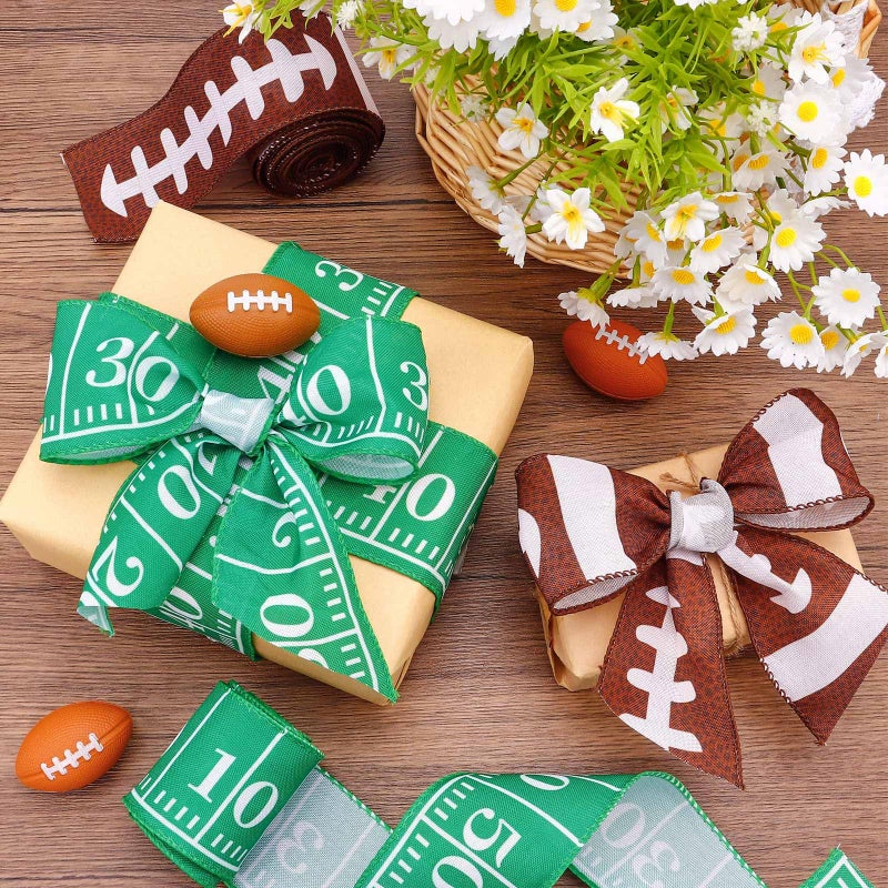 VICROIC 2 Rolls 10 Yards Football Ribbon, Football Wired Edge Ribbons, Green Brown Burlap Sports Ribbons for DIY Crafting, Gift Wrapping, Super Football Bowl, Sport Themed Party Decoration, 2.5 Inches - Image 5