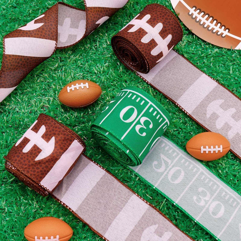 VICROIC 2 Rolls 10 Yards Football Ribbon, Football Wired Edge Ribbons, Green Brown Burlap Sports Ribbons for DIY Crafting, Gift Wrapping, Super Football Bowl, Sport Themed Party Decoration, 2.5 Inches - Image 4
