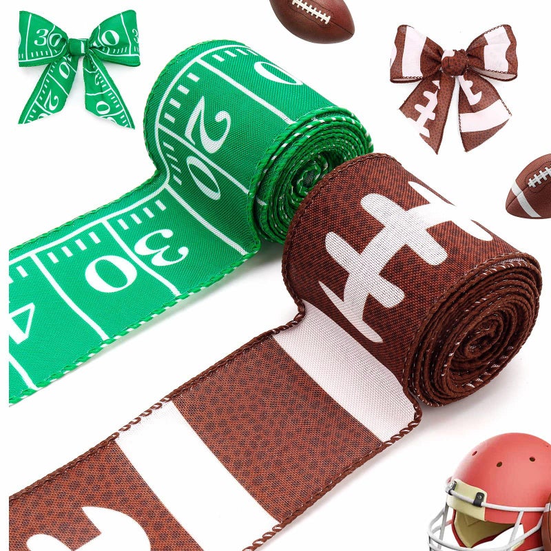 VICROIC 2 Rolls 10 Yards Football Ribbon, Football Wired Edge Ribbons, Green Brown Burlap Sports Ribbons for DIY Crafting, Gift Wrapping, Super Football Bowl, Sport Themed Party Decoration, 2.5 Inches - Image 1