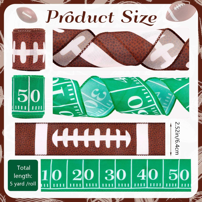 VICROIC 2 Rolls 10 Yards Football Ribbon, Football Wired Edge Ribbons, Green Brown Burlap Sports Ribbons for DIY Crafting, Gift Wrapping, Super Football Bowl, Sport Themed Party Decoration, 2.5 Inches - Image 2