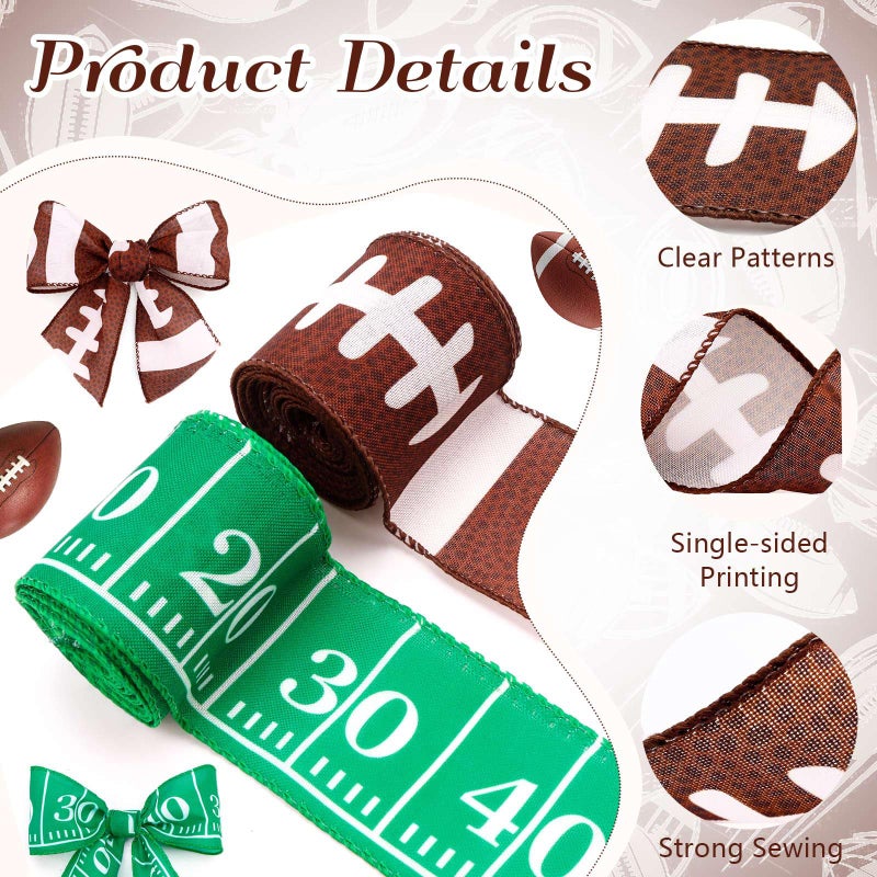 VICROIC 2 Rolls 10 Yards Football Ribbon, Football Wired Edge Ribbons, Green Brown Burlap Sports Ribbons for DIY Crafting, Gift Wrapping, Super Football Bowl, Sport Themed Party Decoration, 2.5 Inches - Image 3
