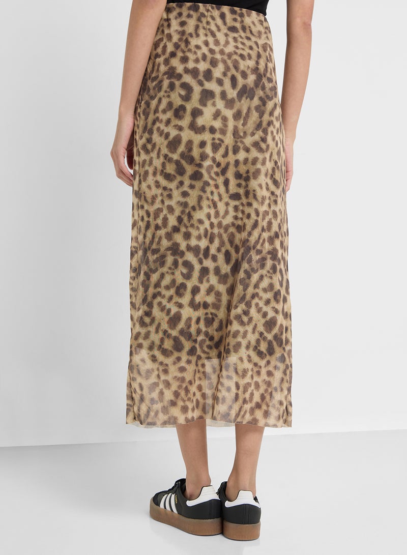 جينجر تنورة ميدي بطبعة جلد الفهد وشبكة - Image 3