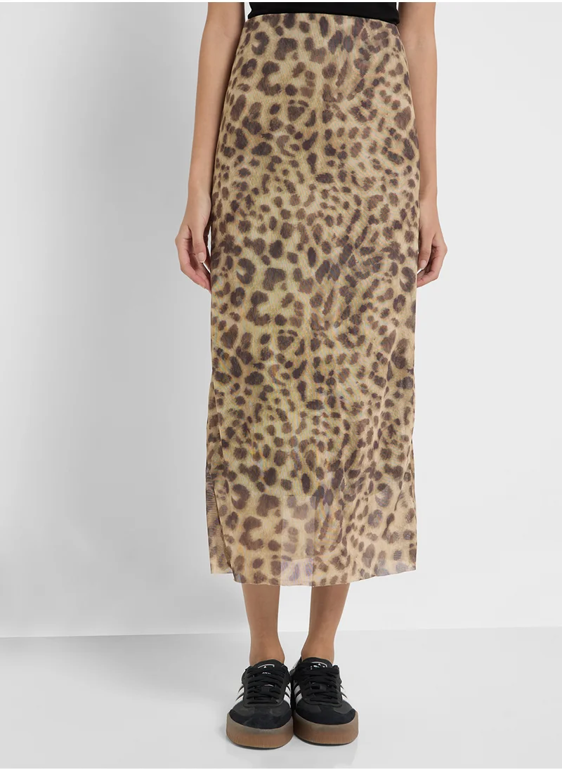 جينجر Leopard Print Mesh Midi Skirt