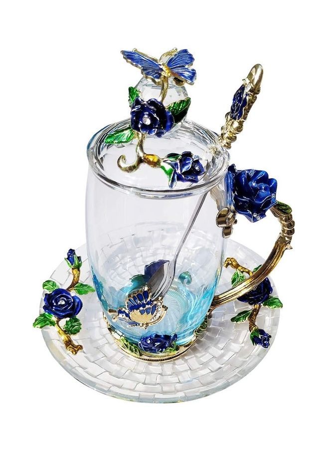 NIBEMINENT Butterfly Glass Tea Cups Coffee Mugs With Lid Spoon and Saucer multicolour 250mm - Image 1