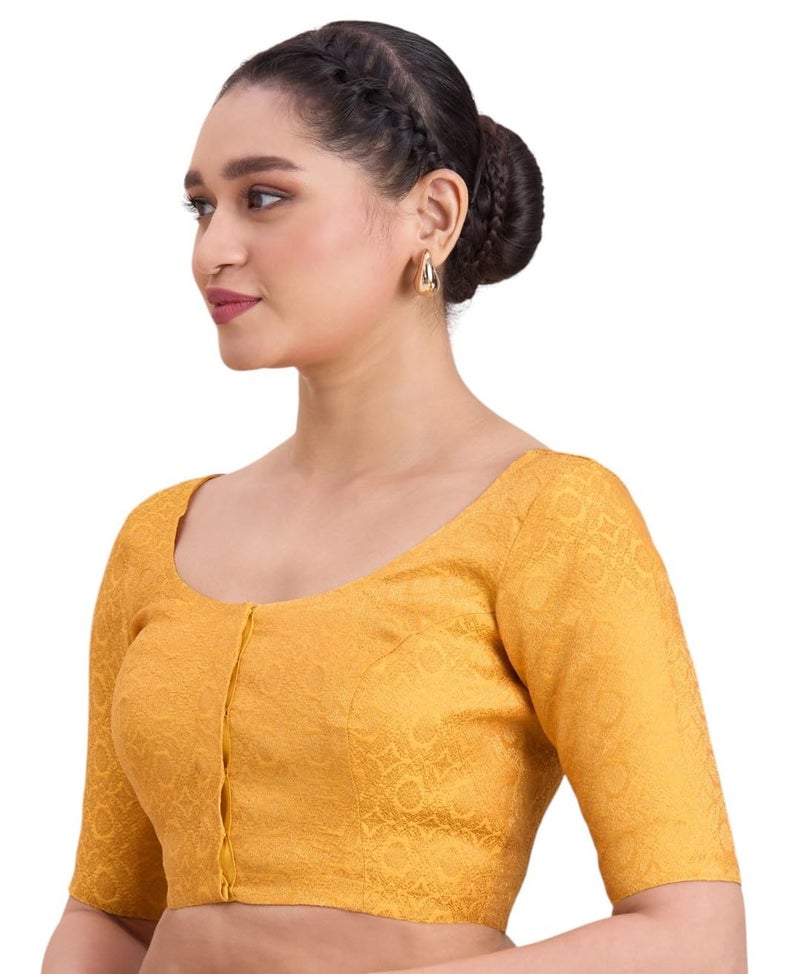 Studio Shringaar Women's Benaras Brocade Round Neck Readymade Saree Blouse (Yellow, 34) - Image 5