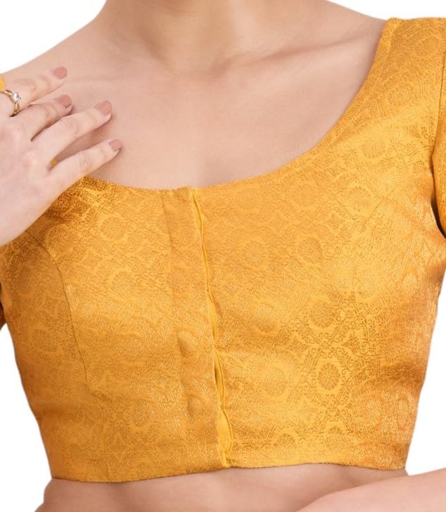 Studio Shringaar Women's Benaras Brocade Round Neck Readymade Saree Blouse (Yellow, 34) - Image 3