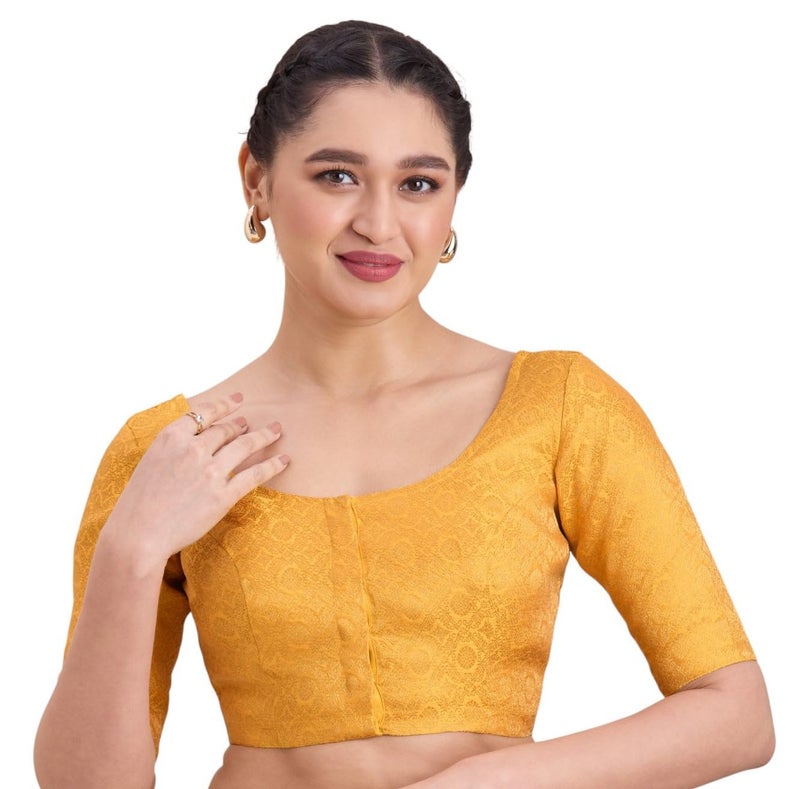 Studio Shringaar Women's Benaras Brocade Round Neck Readymade Saree Blouse (Yellow, 34) - Image 1