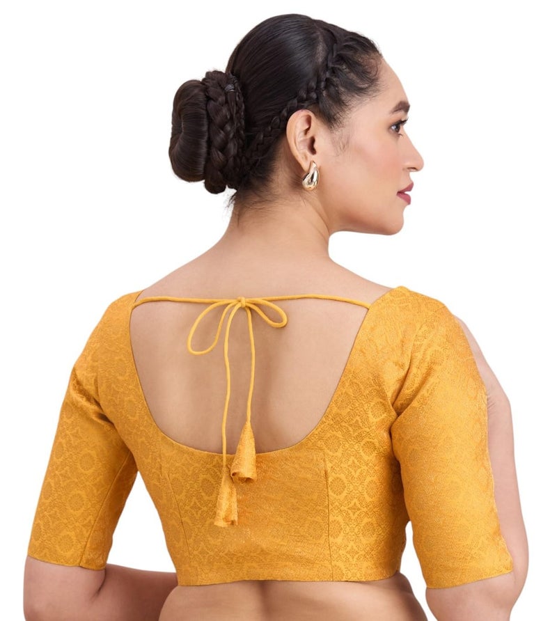 Studio Shringaar Women's Benaras Brocade Round Neck Readymade Saree Blouse (Yellow, 34) - Image 2