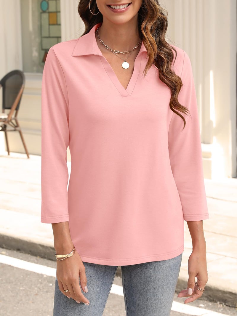 TICTICMISS Womens V Neck Polo Shirts 3/4 Sleeve Collared Tops Business Casual Summer Tops Trendy Loose - Image 3