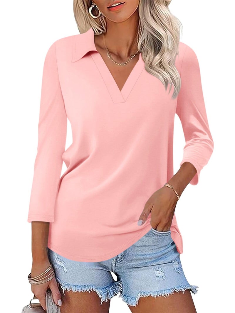 TICTICMISS Womens V Neck Polo Shirts 3/4 Sleeve Collared Tops Business Casual Summer Tops Trendy Loose - Image 1