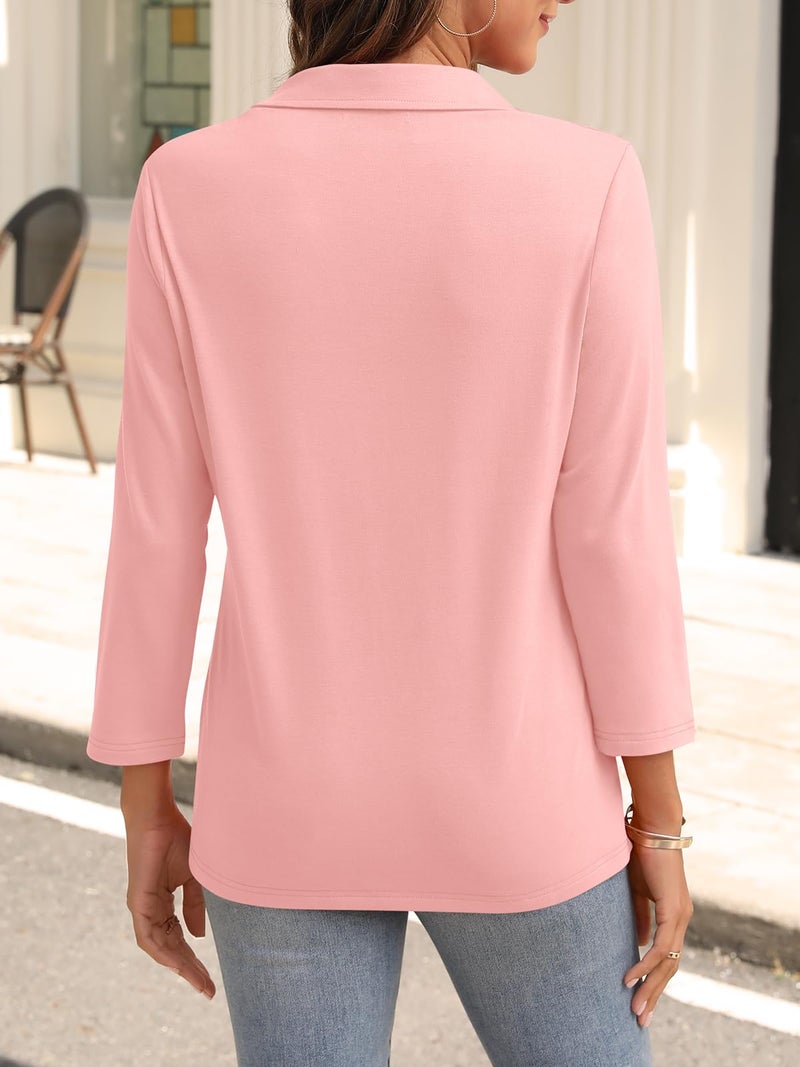 TICTICMISS Womens V Neck Polo Shirts 3/4 Sleeve Collared Tops Business Casual Summer Tops Trendy Loose - Image 2