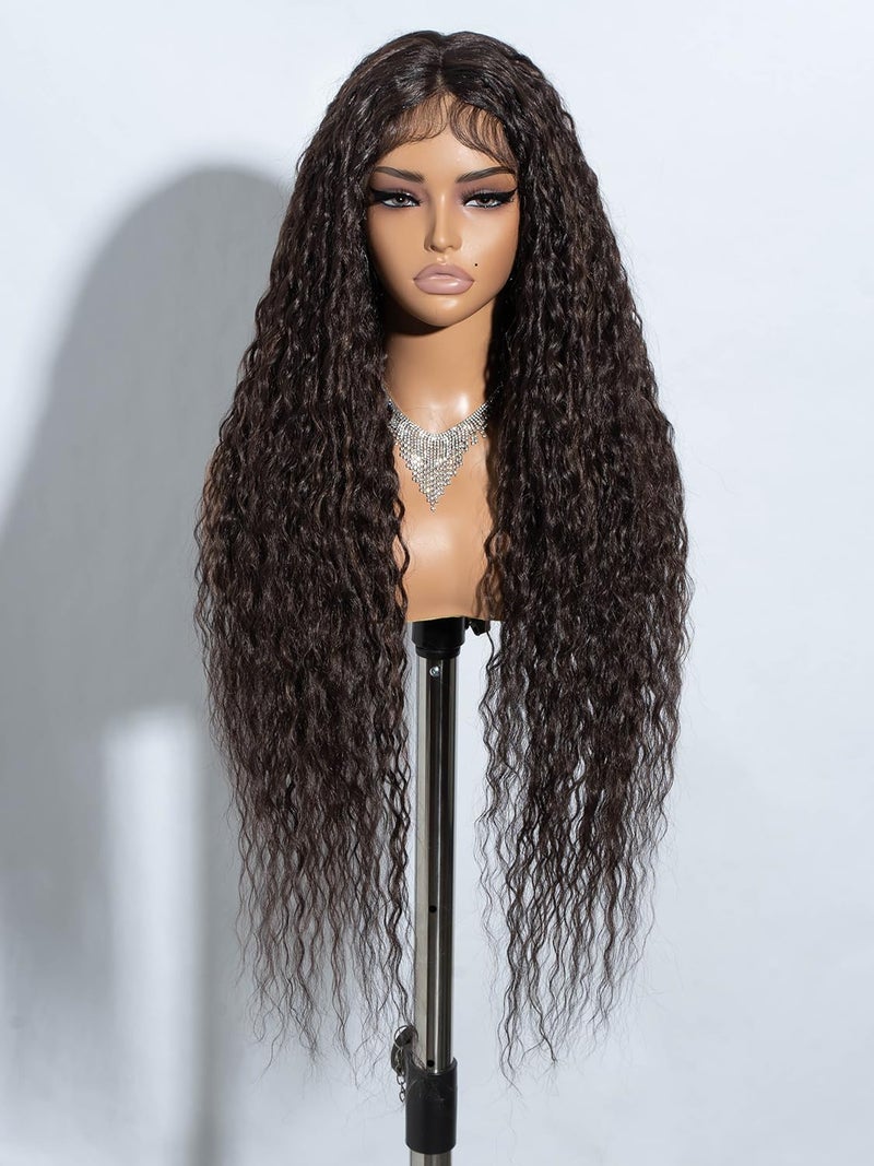 Joedir 32 Long Deep Curly Wavy Lace Front Synthetic Wigs HD Transparent Glueless Lace Wig Heat Resistant Fiber Pre Plucked Hairline with Baby Hair Wig for WomenChocolate Brown Color - Image 2