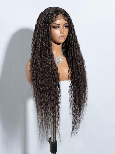 Joedir 32 Long Deep Curly Wavy Lace Front Synthetic Wigs HD Transparent Glueless Lace Wig Heat Resistant Fiber Pre Plucked Hairline with Baby Hair Wig for WomenChocolate Brown Color - Image 3