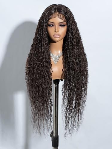 Joedir 32 Long Deep Curly Wavy Lace Front Synthetic Wigs HD Transparent Glueless Lace Wig Heat Resistant Fiber Pre Plucked Hairline with Baby Hair Wig for WomenChocolate Brown Color - Image 1
