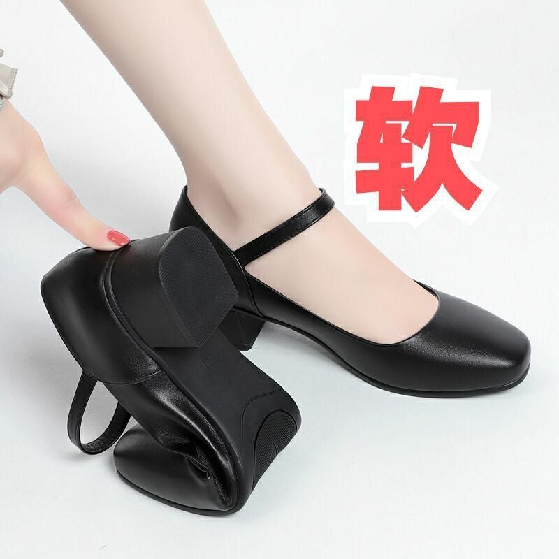 [Shop Selling] Stewardess Long-Standing Work Shoes Women'S Black One-Word Buckle Middle-Heel Leather Shoes Not Tired To Work - Image 2