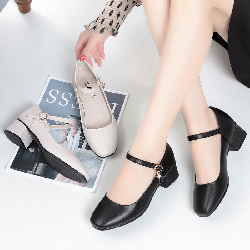 [Shop Selling] Stewardess Long-Standing Work Shoes Women'S Black One-Word Buckle Middle-Heel Leather Shoes Not Tired To Work - Image 5