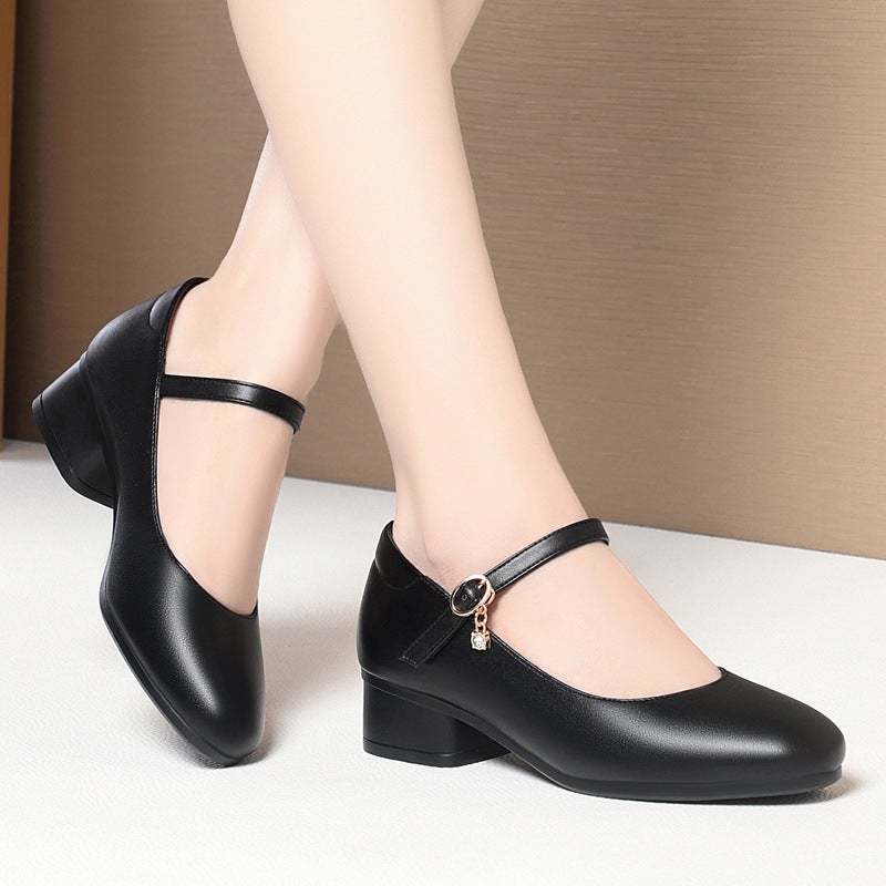 [Shop Selling] Stewardess Long-Standing Work Shoes Women'S Black One-Word Buckle Middle-Heel Leather Shoes Not Tired To Work - Image 1