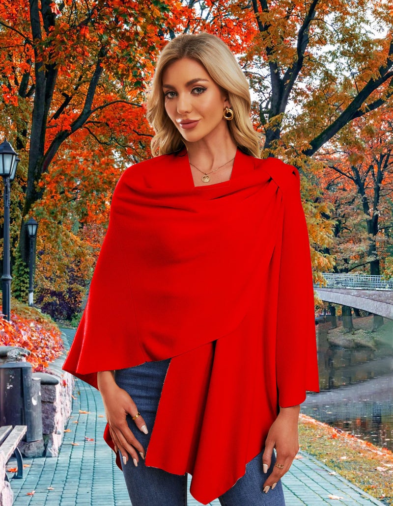 PULI Womens Red Large Cross Front Poncho Sweater Wrap Topper Knitted Elegant Shawls Cape for Fall Winter - Image 2